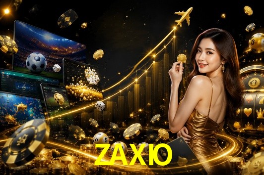 Una escena digital vívida inspirada en casino con ZAXIO mostrado prominentemente, luces brillantes, fichas, cartas y acentos dorados.