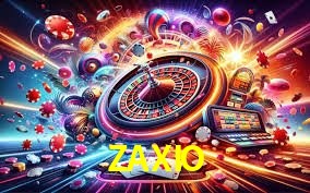 Escena dinámica inspirada en casino con iluminación ZAXIO, cartas, fichas e íconos de juegos digitales en un espacio moderno de juegos.